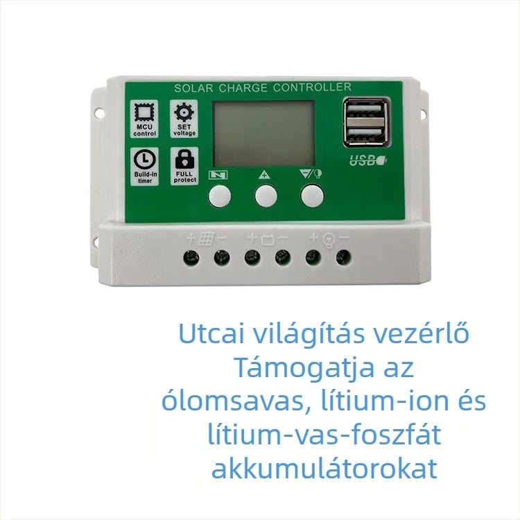 Li-ion akkumulátoros napelemes vezérlő, 12-24V, 10A/20A/30A, két USB-kimenet, utcai világításra