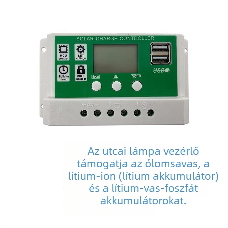 Li-ion akkumulátoros napelemes vezérlő, 12-24V, 10A/20A/30A, két USB-kimenet, utcai világításra