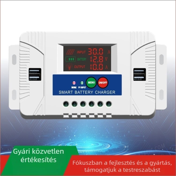 12V/24V napelemes szabályzó, 20A/30A, fotovoltaikus töltő, utcai lámpa szabályozó
