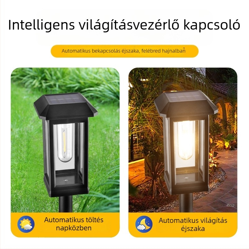 Kültéri vízálló kerti lámpa wolframfilamenttel, talppal a fűbe szúrható, napelemes hangulatvilágítás