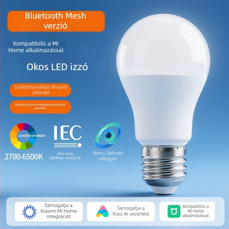 Okos LED izzó E27-es foglalattal, Bluetooth Mesh verzió, otthoni használat, távirányítás okostelefonról és hangvezérlés