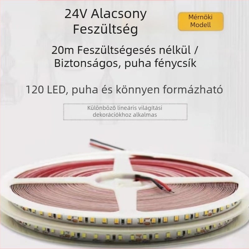 24V lineáris LED-szalag, burkolat nélküli változat, 12V öntapadós, alacsony/magas feszültség, 20 m, feszültségcsökkenés nélkül