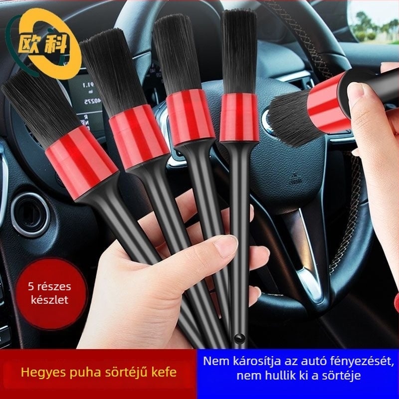 5 darabos autó részletező ecsetkészlet, puha sörtéjű sörték, belső sarkok tisztításához, fekete és piros