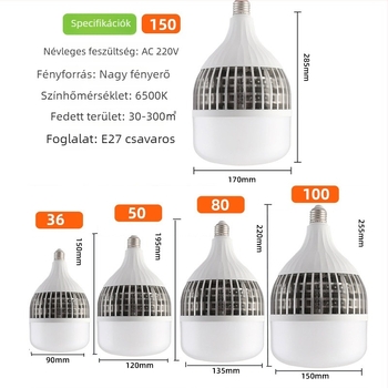 LED lámpa alumínium hűtőbordás, nagy teljesítmény, E27 foglalat, energiahatékony ipari világítás gyárhoz és raktárhoz