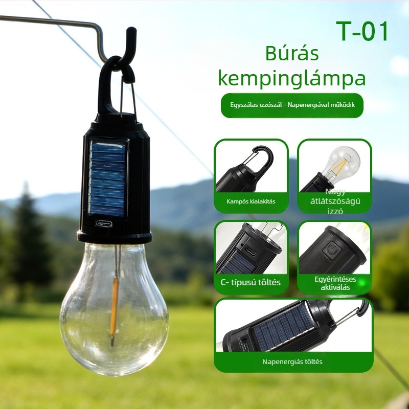 Napelemes kempinglámpa, újratölthető retro stílusú sátorlámpa, meleg fényű LED wolframszálas lámpa, kültéri vészvilágítás