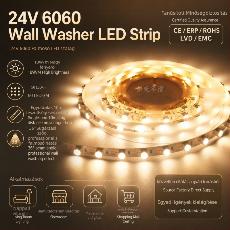 Rugalmas LED fal mosó fénycsík beépített 6060 LED-del, lineáris 24V dekoratív mennyezeti világítás, lágy fénycsík