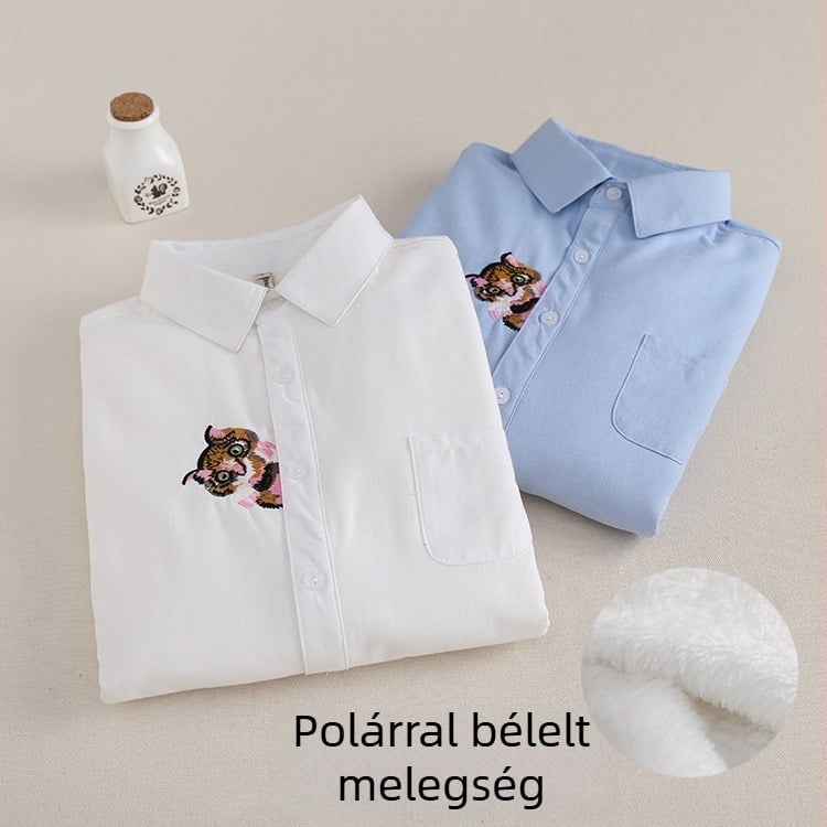 Női hosszú ujjú ing Koreai stílusú Oxford pamutból, hímzett, fleece-sel bélelt, egyszínű fehér, meleg alapréteg