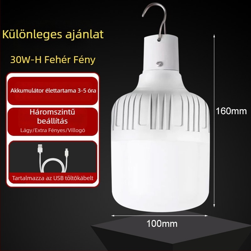 Tölthető LED izzó beépített akkumulátorral, E14 foglalat, 600 lm, 170° sugárzási szög, IP42 vízálló, kültéri vészvilágítás, energiatakarékos, kiállításokra alkalmas