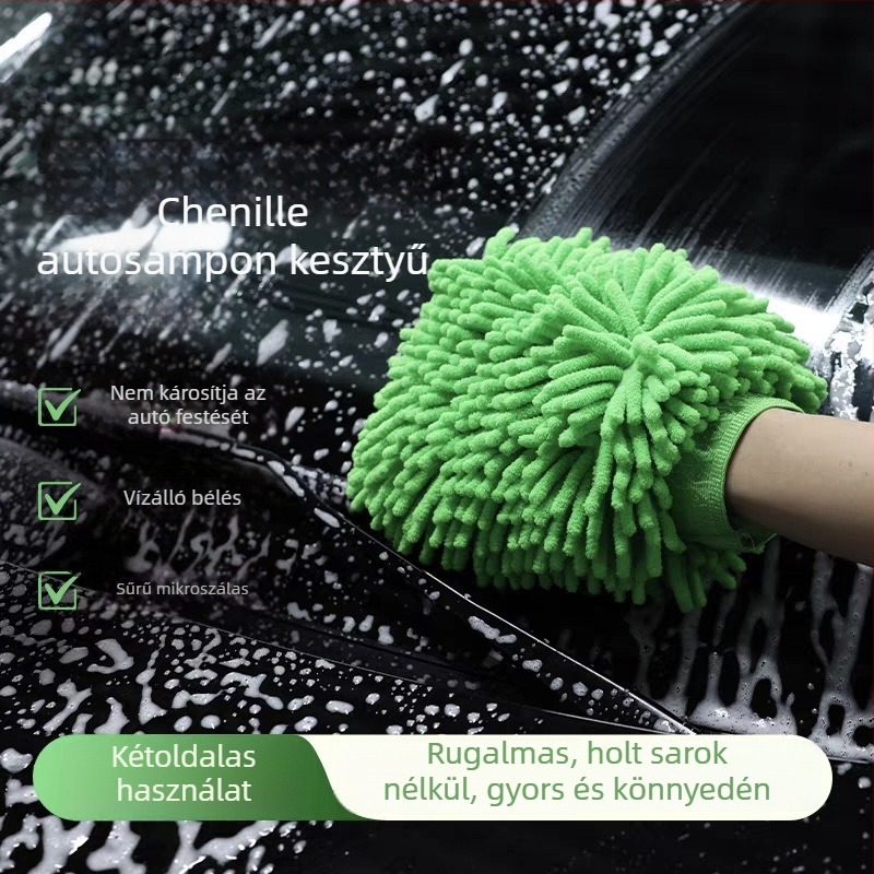 Chenille mikroszálas autómosó kesztyű fleece-béléssel és vastag szivaccsal, a fényezés karcolása nélkül történő tisztítás