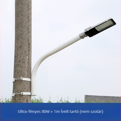 Napelemes utcai lámpaoszlop szerelvény kar és falidugóval, vastag galvanizált acélcső, modell FJN080, 495×215×60 mm, LED 30W, 220V