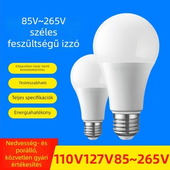 Szélesfeszültségű LED izzó 110–127–220–85–265V, energiahatékonyság, E27 foglalat, 1800 lm, 180° fénysugár, IP42, PF 0.5, műanyag borítású alumínium test, otthoni használat, 2 év garancia