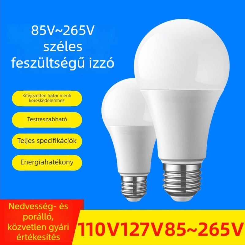 Szélesfeszültségű LED izzó 110–127–220–85–265V, energiahatékonyság, E27 foglalat, 1800 lm, 180° fénysugár, IP42, PF 0.5, műanyag borítású alumínium test, otthoni használat, 2 év garancia