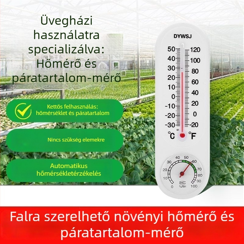 Beltéri hőmérséklet- és páratartalom-mérő kereskedelmi üvegházakhoz, helyezhető vagy felakasztható, elem nélkül, levegő páratartalmának mérője