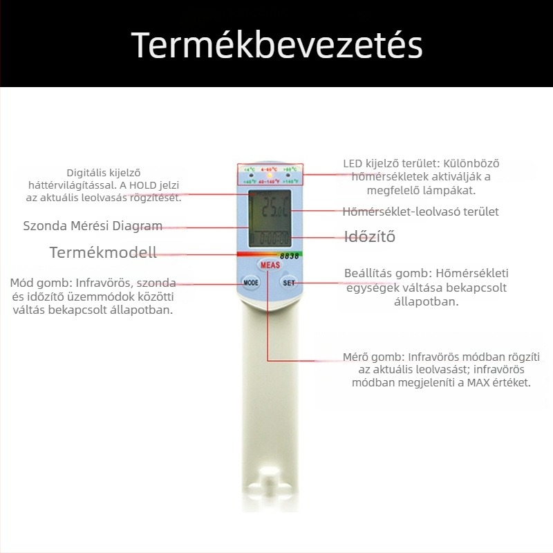 Hengxin AZ-8838 Infravörös hőmérő élelmiszer- és ipari felhasználásra, nagy pontosságú szonda