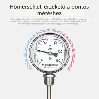 Ipari bimetál hőmérő rozsdamentes acél hosszított érzékelővel, nagy pontosságú