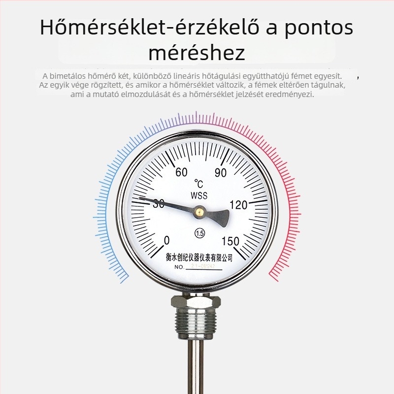 Ipari bimetál hőmérő rozsdamentes acél hosszított érzékelővel, nagy pontosságú