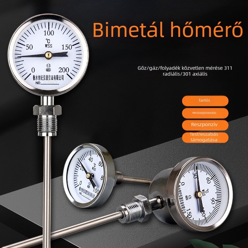 WSS-311/301 Ipari robbanásbiztos bimetál hőmérő kazáncsövekhez, axiális és radiális, Y60 mutató