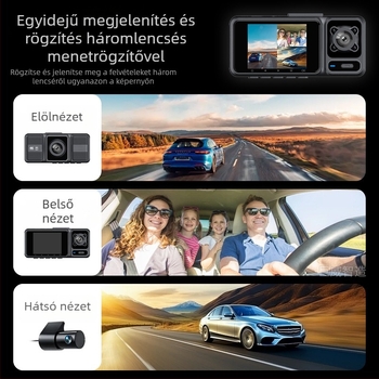 4K-s autó dash cam három lencsével: elöl, belső és hátul, okostelefonos kapcsolattal és parkolásfigyeléssel
