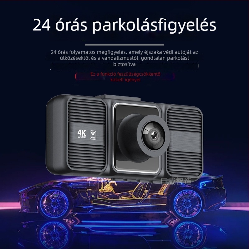 4K-s autó dash cam három lencsével: elöl, belső és hátul, okostelefonos kapcsolattal és parkolásfigyeléssel