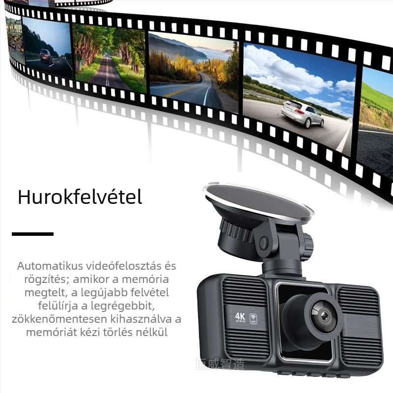 4K-s autó dash cam három lencsével: elöl, belső és hátul, okostelefonos kapcsolattal és parkolásfigyeléssel