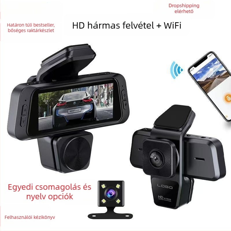 3,16 hüvelykes háromobjektív autós dash cam: elő- és hátsó kamera és belső kamera, HD éjszakai felvétel, széles látószög, Wi-Fi kapcsolat a telefonhoz