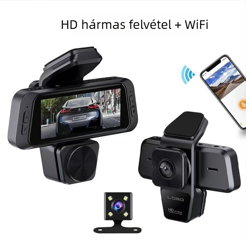 3,16 hüvelykes háromobjektív autós dash cam: elő- és hátsó kamera és belső kamera, HD éjszakai felvétel, széles látószög, Wi-Fi kapcsolat a telefonhoz