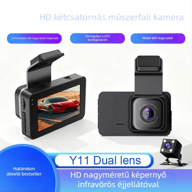 3,0 hüvelykes autós dash kamera dupla objektívvel, előre és hátra 1080p felvétel, tolatókép, Wi‑Fi, 170° látószög, F2.0, 3,0 hüvelykes LCD