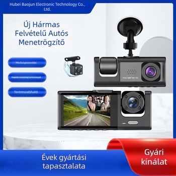 Háromcsatornás autós dashcam elöl, belső és hátsó felvétellel, 1080p HD széles látószög, körkörös felvétel