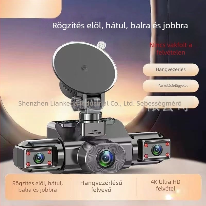 Ultra HD éjszakai látású autó dash kamera 360° panoráma látvánnyal, négy lencsével és hangvezérléssel
