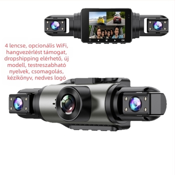 Hangvezérelt, rejtett négykamerás autós dash cam elülső, belső és hátsó kamerával, Wi-Fi, IPS HD és DVR