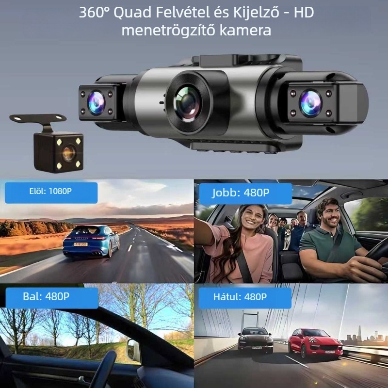 Hangvezérelt, rejtett négykamerás autós dash cam elülső, belső és hátsó kamerával, Wi-Fi, IPS HD és DVR