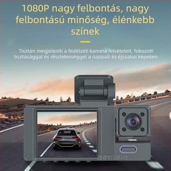 Háromlencsés autós DVR elő-, belső és hátsó kamerával, 1080p, 2,0 hüvelykes kijelző, 140° látószög, körforgó felvétel, parkoló mód, mozgásérzékelés, szélvédőre szerelés
