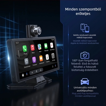 10,26 hüvelykes hordozható autó kijelző navigációval, DVR, hátsó kamera, vezeték nélküli Bluetooth CarPlay