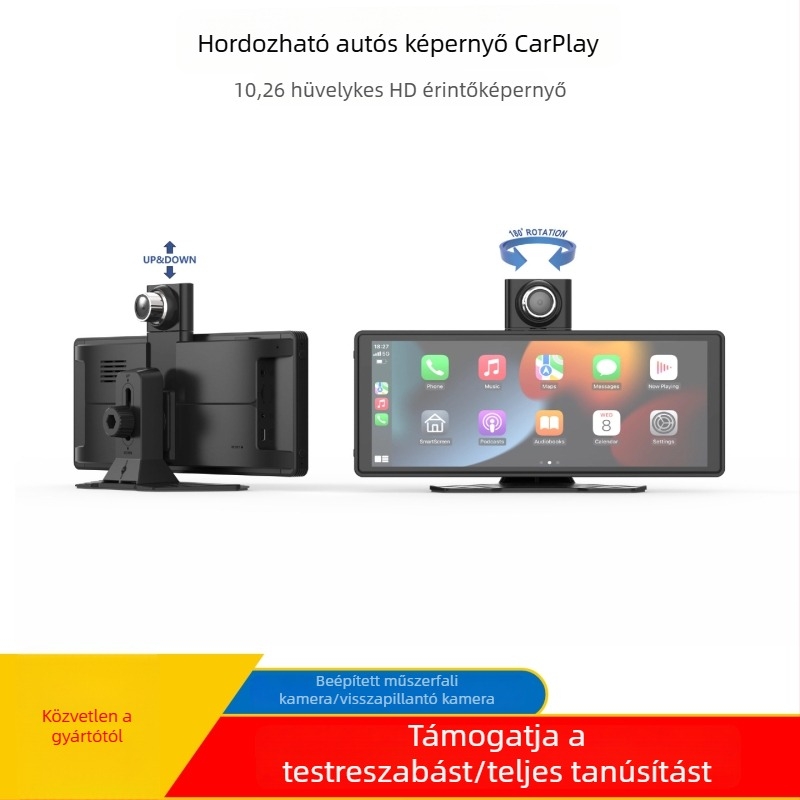 10,26 hüvelykes hordozható autó kijelző navigációval, DVR, hátsó kamera, vezeték nélküli Bluetooth CarPlay