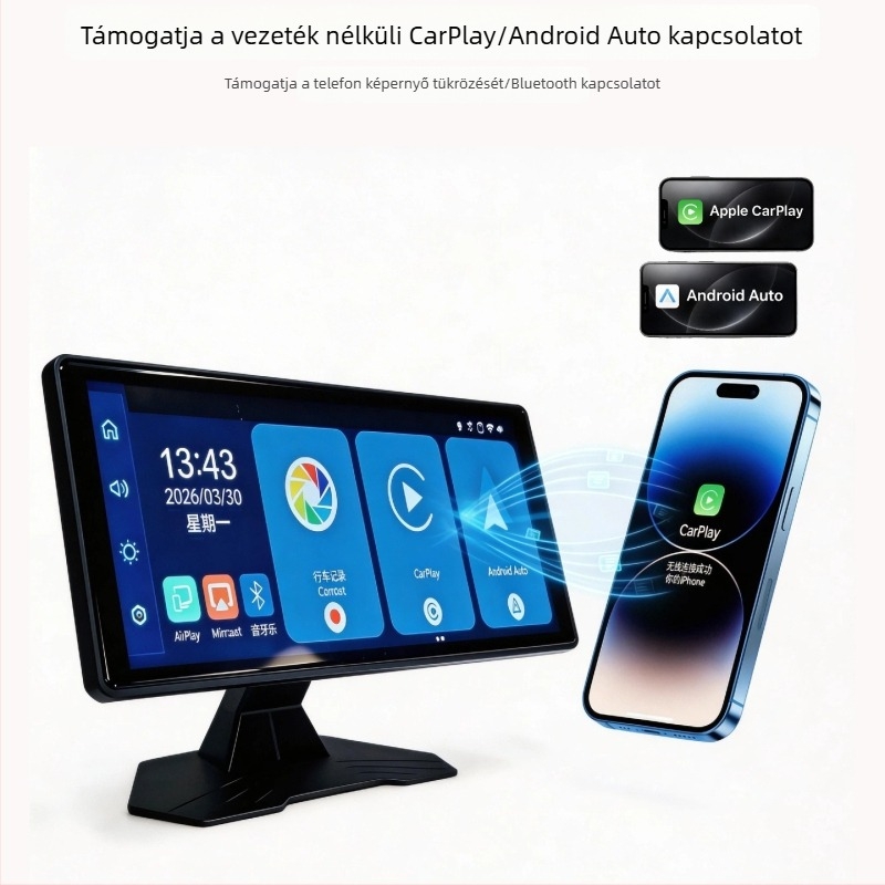 10,26 hüvelykes hordozható autó kijelző navigációval, DVR, hátsó kamera, vezeték nélküli Bluetooth CarPlay