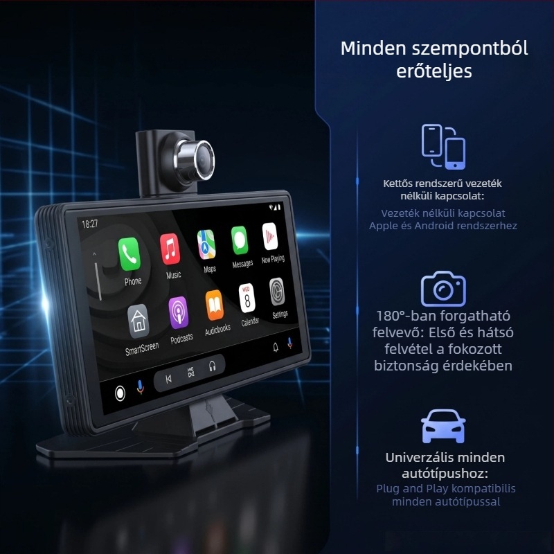 10,26 hüvelykes hordozható autó kijelző navigációval, DVR, hátsó kamera, vezeték nélküli Bluetooth CarPlay