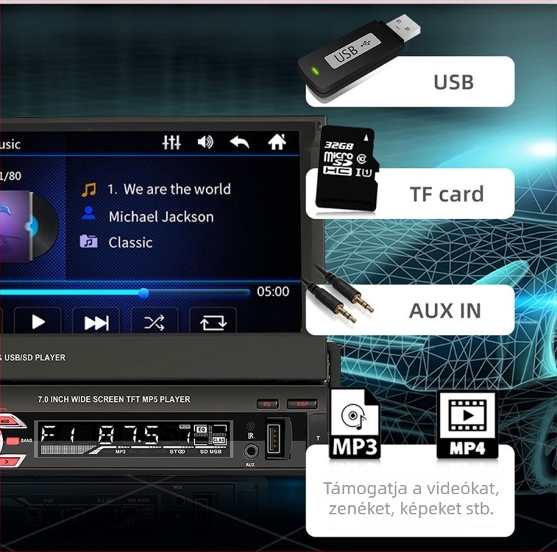 Univerzális autós MP5 lejátszó 7 hüvelykes teleszkópos kijelzővel, GPS navigáció, USB-port, rádió és Bluetooth 9601