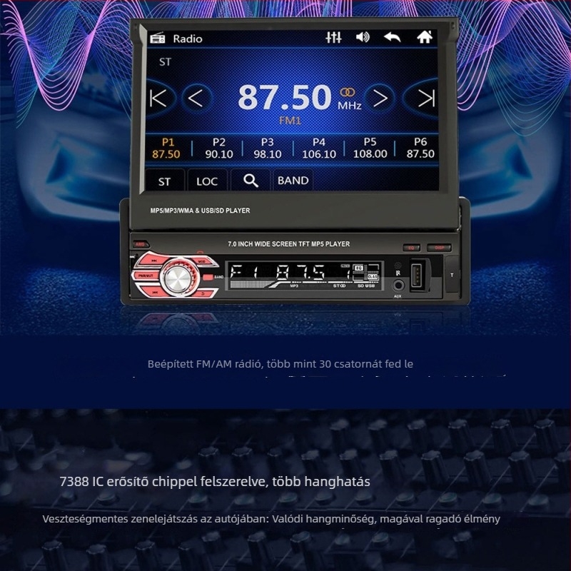Univerzális autós MP5 lejátszó 7 hüvelykes teleszkópos kijelzővel, GPS navigáció, USB-port, rádió és Bluetooth 9601