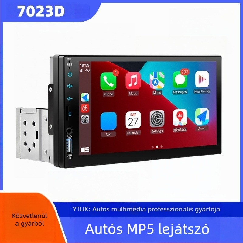 7023D autórádiófej Bluetoothkal, FM-mel és tolatókamerával, 7 hüvelykes érintőképernyő, MP5 lejátszó, Single-DIN