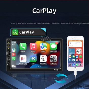 7018B 7 hüvelykes CarPlay képernyő, vezetékes navigációval és MP5 Bluetooth lejátszóval, hátsó kamera