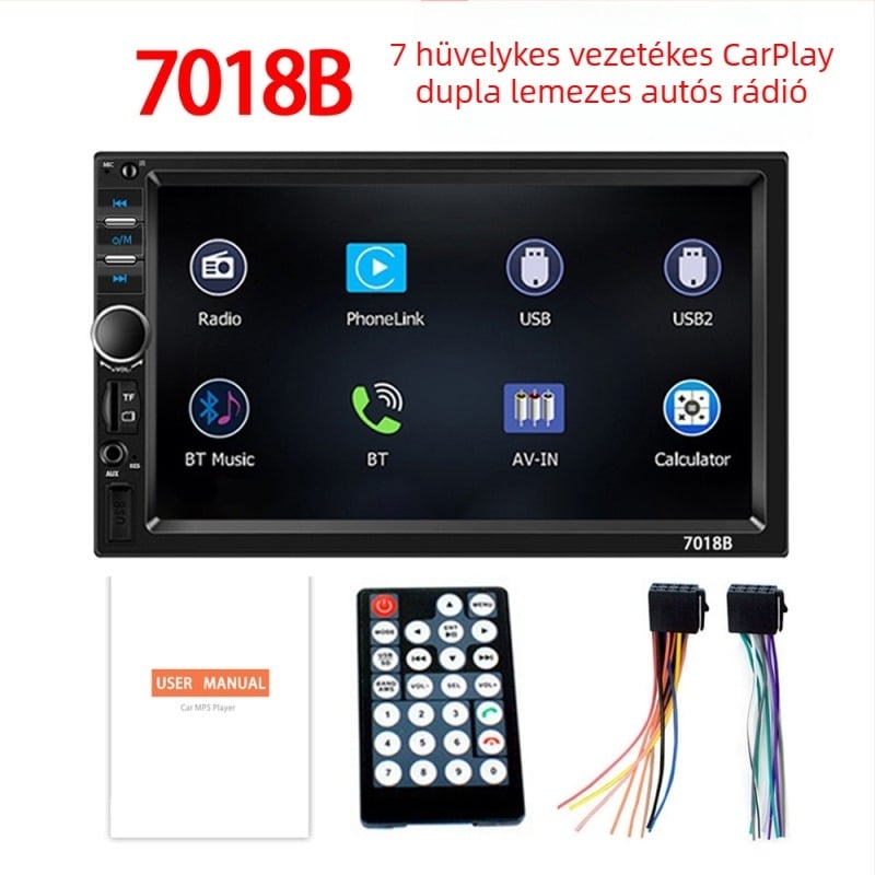 7018B 7 hüvelykes CarPlay képernyő, vezetékes navigációval és MP5 Bluetooth lejátszóval, hátsó kamera