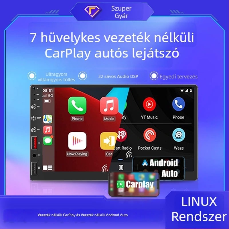 7 colos Linux autó infotainment egység MP5-lejátszóval, vezeték nélküli CarPlay és Android Auto