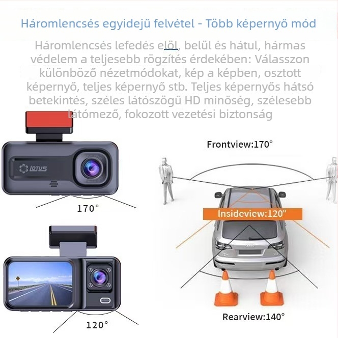 Keresztáron átívelő infravörös éjszakai látású autós dash cam, 1080p HD, 2 hüvelykes kijelző, háromlencsés, modell WIFIA98, tolatási kép a jármű belsejében
