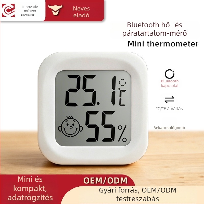 Mini hőmérséklet- és páratartalom-ellenőrző Bluetooth-adatrögzítővel laboratóriumi és hűtőszekrényes tárolókhoz