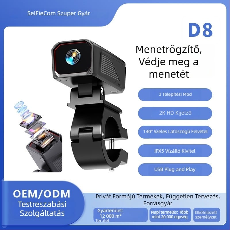 D8 2K dashcam motorkerékpárhoz és elektromos járművekhez, USB-tápellátás, vízálló, univerzális rögzítés, Wi‑Fi és alkalmazásvezérlés