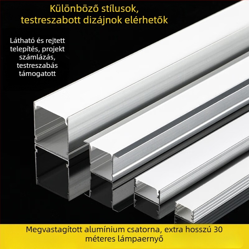 LED lineáris fény alumíniumcsatornával és PC‑fedővel – felületre szerelt és beépített, U‑alakú LED szalagcsatorna