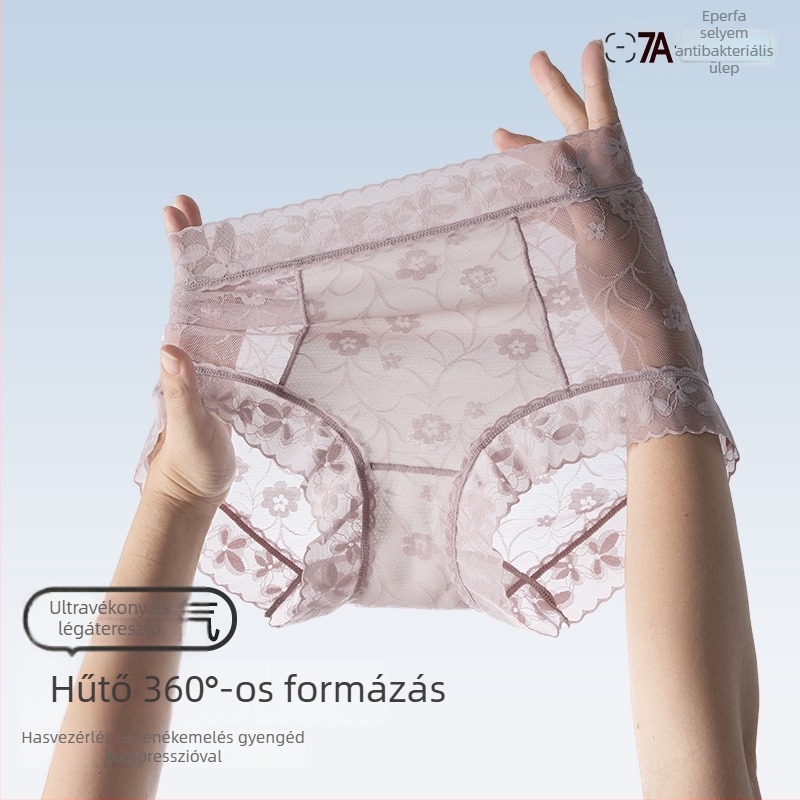 Női magas derekú csipkés bugyi jacquard virágmintával, fenékemelés, légáteresztő, antibakteriális, szeméremrész mulberry selyemmel bélelve