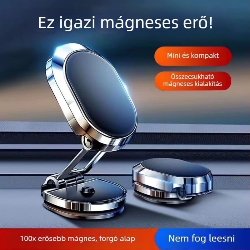 Általános autós telefon-tartó mágneses rögzítéssel, ragasztó alapú, kihajtható, 360°-os forgás, cinkötvözet, méretei 65×20×36 mm
