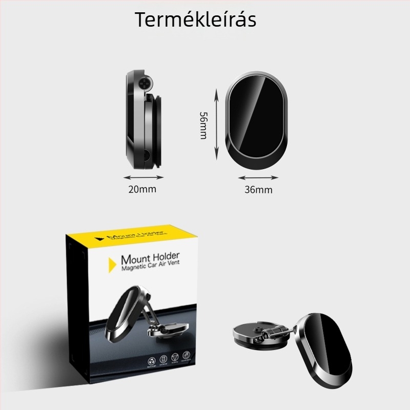 Általános autós telefon-tartó mágneses rögzítéssel, ragasztó alapú, kihajtható, 360°-os forgás, cinkötvözet, méretei 65×20×36 mm