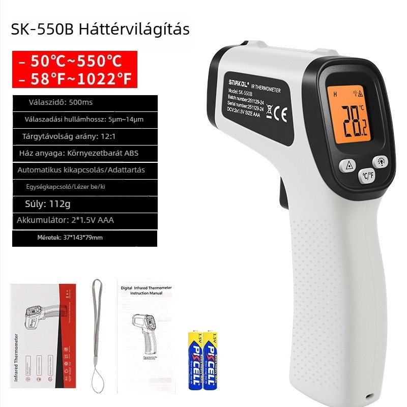Snaiko SK-550B infravörös hőmérő — magas pontosságú olajhőmérséklet-mérőpisztoly sütéshez, vízhőmérséklethez, konyhai és ipari használatra